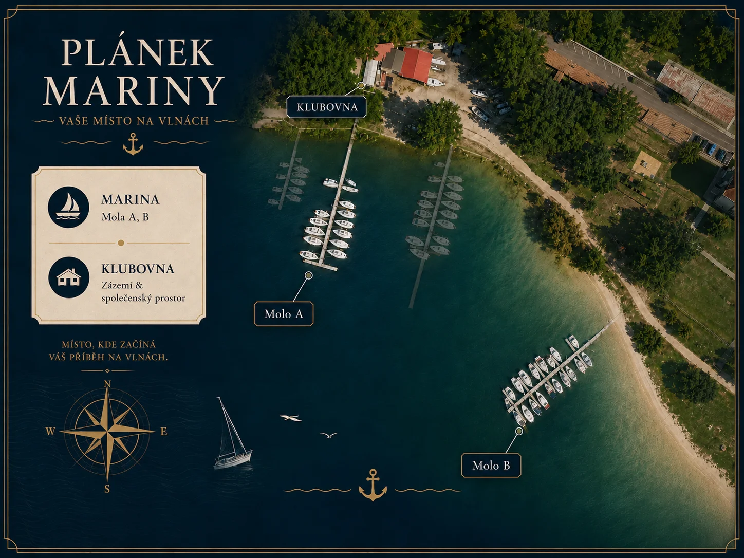Plánek mariny YCVP — letecký pohled na klubovnu a mola A, B na Vranovské přehradě